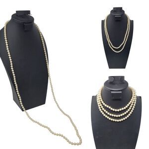 Vtg Flapper Hand Knotted‎ Faux Pearl Necklace Glass Ivory Classic Elegant Bridal